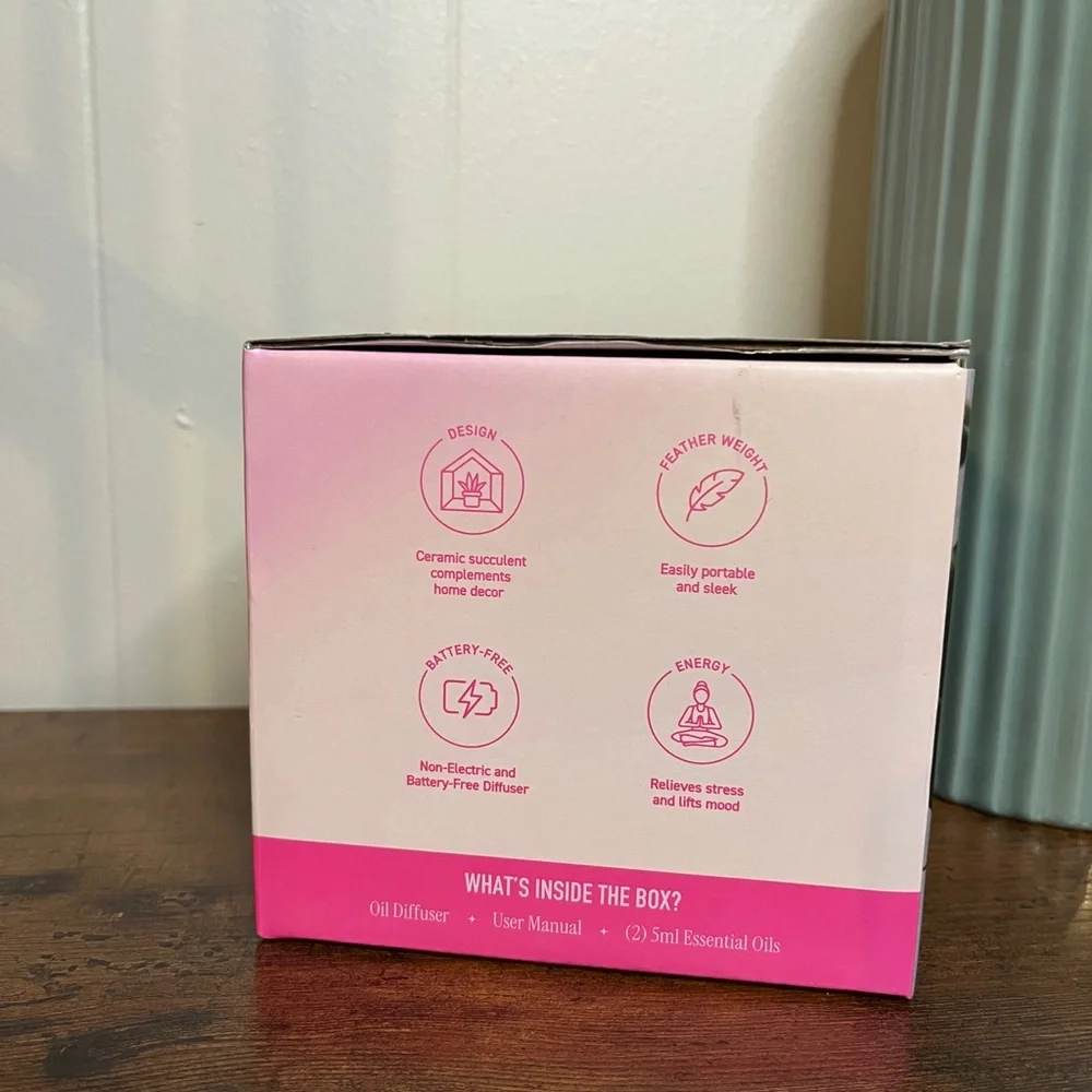 Bluzen Ceramic Succulent Oil Diffuser, NIB with two scents essential oils